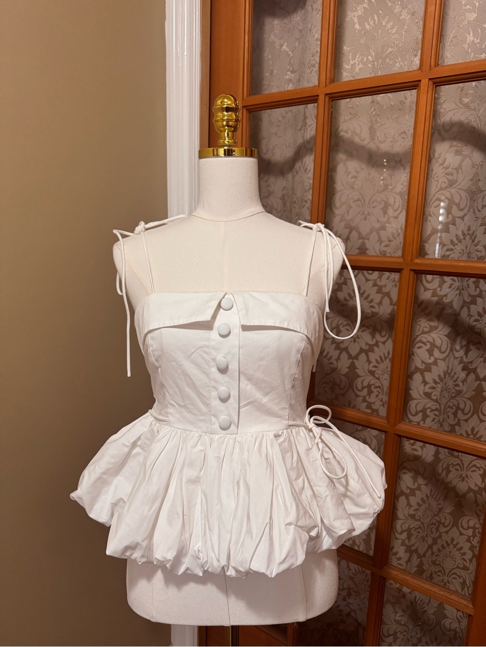 Noble White Smocked Bodice Tie-Strap Peplum Top (BRAND NEW) - Picture 1 of 4